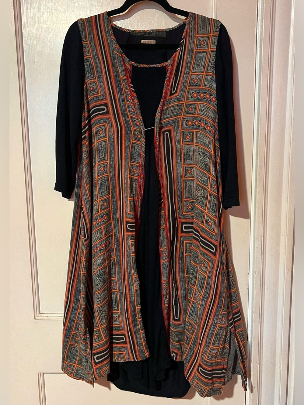 Kapital Black Tunic Panel Dress with Orange and Gray Geo Print